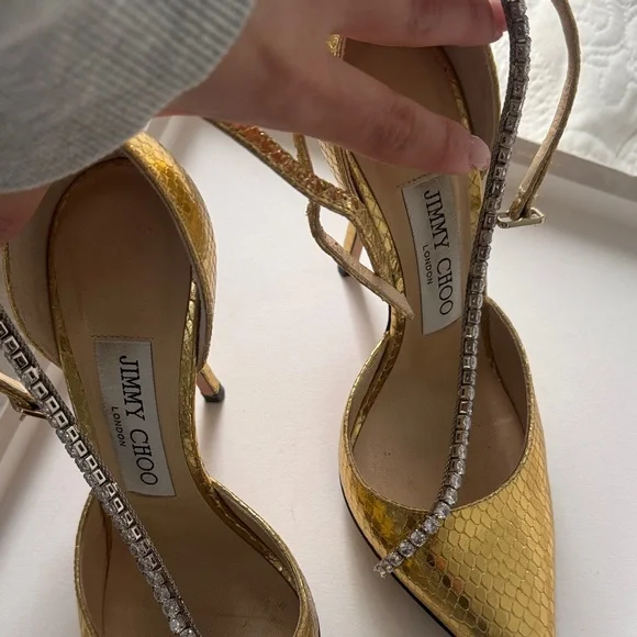 Jimmy Choo Gold Snakeskin (embossed)Heels with Crystal Accents - Picture 2 of 11